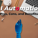 An illustration of a robot starting to take on human tasks, symbolizing the integration of AI automation in the business industry with its potential benefits and drawbacks such as improved efficiency and decision-making versus potential job loss and lack of human oversight.