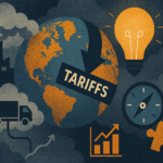Illustration of global tariffs impacting international trade, featuring a globe with a "TARIFFS" label, surrounded by icons representing manufacturing, logistics, innovation, economics, navigation, and strategy.