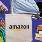 A collage of items sold on Amazon including CDs, books, electronics, clothing, and a tote bag with the Amazon logo, symbolizing the First Sale Doctrine.