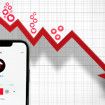 A smartphone displaying TikTok’s profile page in front of a downward-trending red arrow, with falling heart icons symbolizing declining engagement.